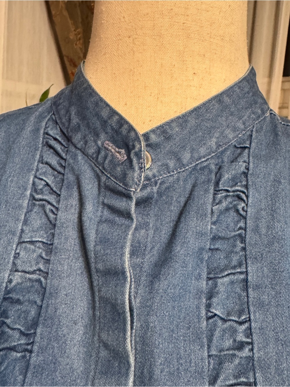 Talbots Blue Denim Ruffle-Trim Button Front Top